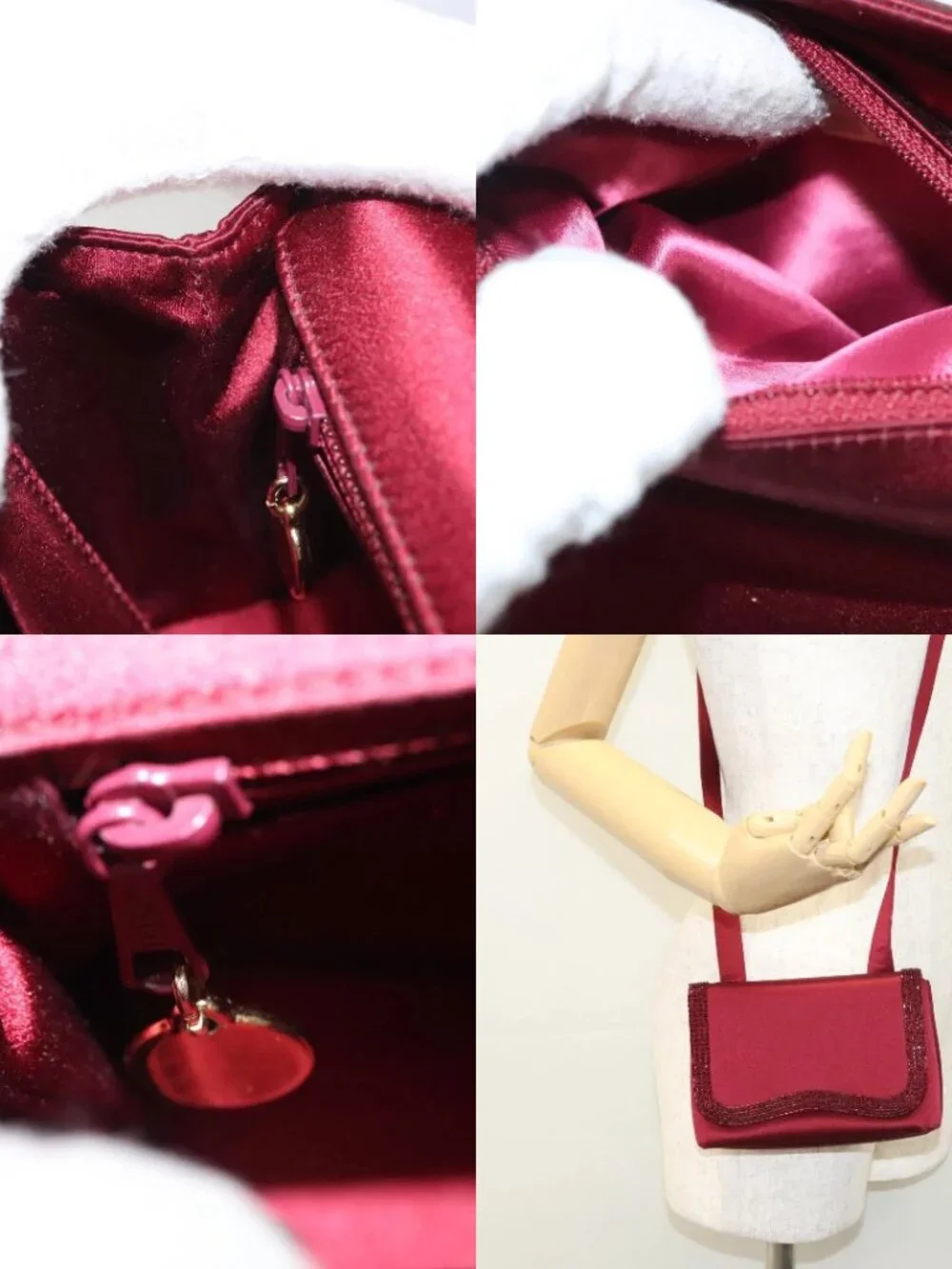 CHANEL Shoulder Bag Satin Red CC Auth bs24300
